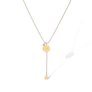 Macro shot of gold star pendant necklace with refined Y-shape chain on white background