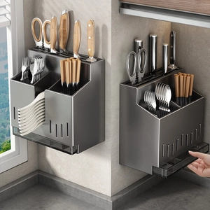 Kitchen Knife Holder Stainless Steel Cutlery Storage Rack Wall Mounted Countertop Organizer With Drain Tray Ventilated
