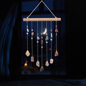 Bohemian crystal wind chime dreamcatcher with natural stones and wooden bar hanging ornament