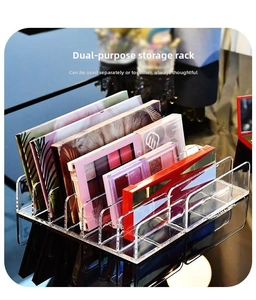 Clear acrylic makeup organizer showing two-piece vertical dividers for eyeshadow palettes