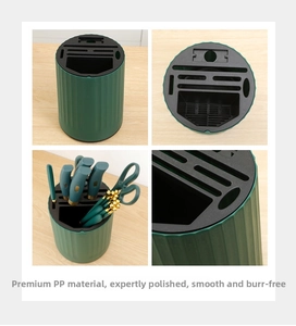 Detail view of rotating kitchen knife holder with drainage slots in green finish
