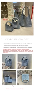 Size chart for woven denim tote bags showing mini, medium and large capacity dimensions