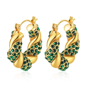 Boucles d'oreilles créoles dorées torsadées avec zircons verts, design rétro serpent