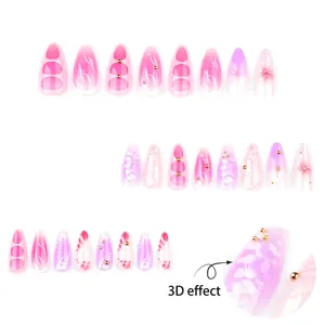 Pink and purple gradient 3D floral press-on nails with gold beads and white thread texture