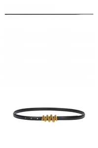 Detail specifications of black leather belt with golden M-shaped buckle and 1.5cm width