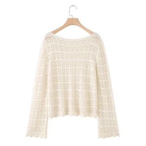 Elegant off-white long sleeve hollow-out crochet knit sweater with scalloped hem
