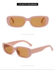 Detail view of model C19 sunglasses in matte pink finish with brown tinted lenses