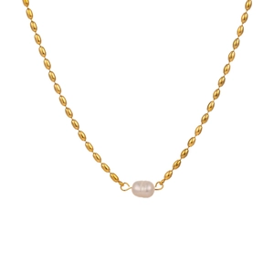 Elegant gold oval bead necklace in stainless steel with a natural freshwater pearl center