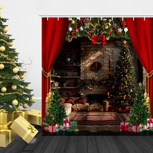 Detail of Christmas shower curtain featuring fireplace, tree, and red curtain patterns