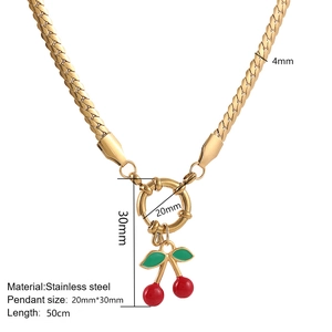 Golden stainless steel cherry pendant necklace with detailed size measurements