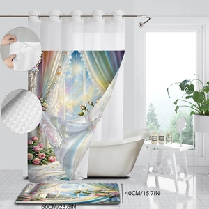 Digital printed waterproof waffle fabric shower curtain and matching bath mat set