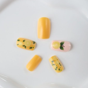Yellow lemon pattern medium square press-on nails set with floral hand-painted designs