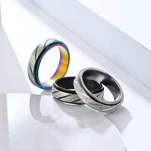 Frosted striped stainless steel spinner rings in silver, rainbow, and black finishes