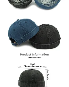 Dettagli dei cappelli docker in denim con fibbie regolabili e misure delle dimensioni