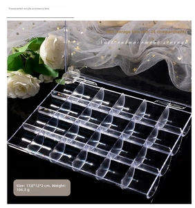 Macro view of 24-grid transparent nail art storage box with dimensions 17.8x12x2cm