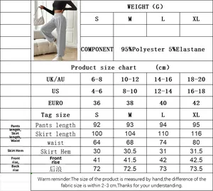 Size chart showing measurements for high waist wide leg pants in US UK and EU sizes