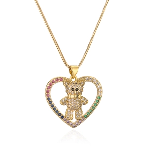 18K gold plated necklace featuring a zircon heart frame with a crystal teddy bear pendant