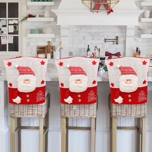 Set of 3 Christmas chair back covers featuring Santa Claus 3D embroidery on red knit
