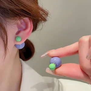 Asymmetric Ball Stud Earrings With 925 Sterling Silver Earring Post Colorful Acrylic Resin Glossy Double Sided Fashion For Women