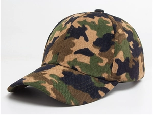 Detail of camouflage baseball cap showing corduroy texture and classic six-panel design