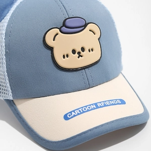 Kids baseball cap with cartoon bear and mesh back in light blue and beige colors