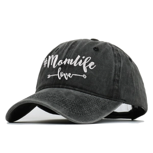 Washed black cotton baseball cap featuring embroidered Momlife and love text design