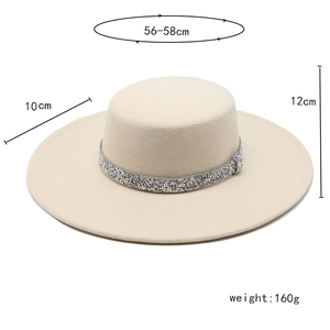 Beige wool boater hat details: 10cm brim, 56-58cm head size, with rhinestone trim