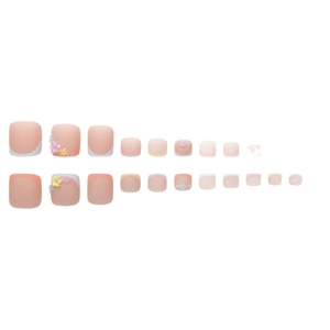 Matte macaron press-on toenails with colorful French tips and 3D floral pearl accents