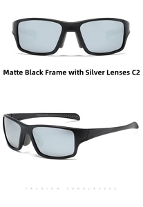Detail view of C2 matte black frame sports sunglasses with silver mirror polarized lenses