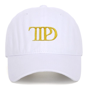 White cotton baseball cap with yellow TTPD letter embroidery in a classic 6-panel design