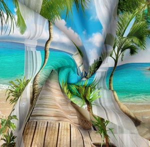 Detailed close-up of tropical beach landscape print on soft polyester fabric material