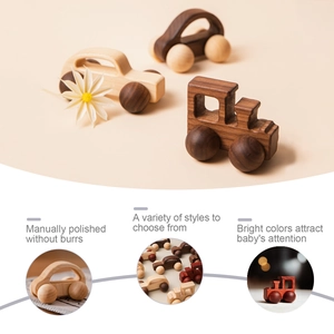 Hand-polished walnut wood mini toy cars and trains set for toddler early education