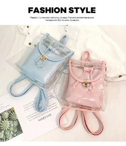 Close-up of mini transparent PVC jelly backpacks with drawstring and metal locks
