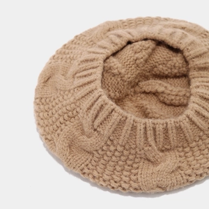 Thick cable knit camel beret hat for women featuring warm ribbed elastic hem for winter