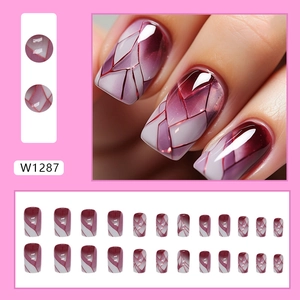 Square wine red and purple faux nails with geometric cracked glass texture, 24 piece set