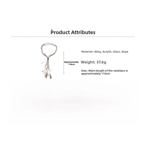 Detail view of multi-layer acrylic crystal tassel necklace with alloy beads and 110cm length