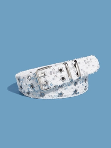 Close-up of white sequin Y2K star belt with silver double-prong buckle on blue background