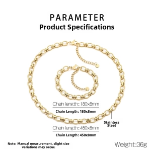 Detailed size specifications for gold stainless steel oval link chain necklace and bracelet