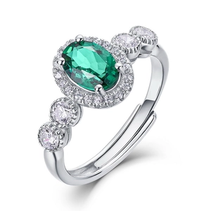 Bague en argent avec émeraude ovale et halo de diamants, anneau ouvert ajustable
