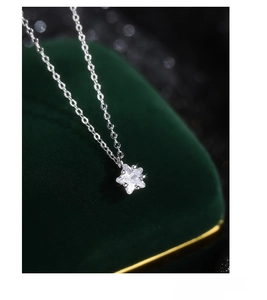 Macro view of S999 silver necklace with sparkling star pendant and white crystals