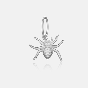 Macro shot of silver spider pendant with detailed limb textures and glossy metal finish