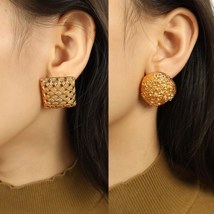 Vintage gold plated titanium earrings with geometric square weave and floral round patterns