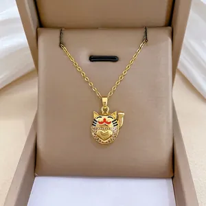 Lucky Cat Pendant Necklace Stainless Steel Chain Copper Heart Charm Micro Pave Cubic Zirconia Enamel Jewelry For Women