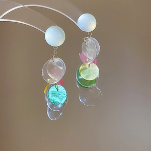 Elegant multi-colored beaded earrings with translucent resin petals and gold rings
