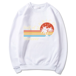 White Gulf of Mexico beach hoodie with vintage sunset graphic and palm tree print