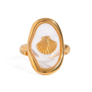 18k gold plated stainless steel open ring featuring a shell inside a transparent stone