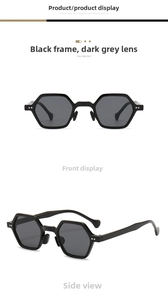 Detailed front and side view of unisex hexagonal black frame sunglasses with dark grey lenses