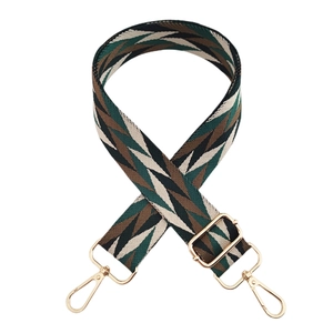 Detail of adjustable geometric strap with gold lobster clasps and green weaving