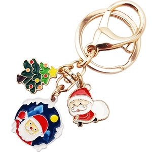 Japanese style Santa Claus and Christmas tree enamel keychain with gold finish for gifts