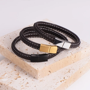 Pulseras de cuero trenzado para hombre con cierres magnéticos en oro, plata y negro